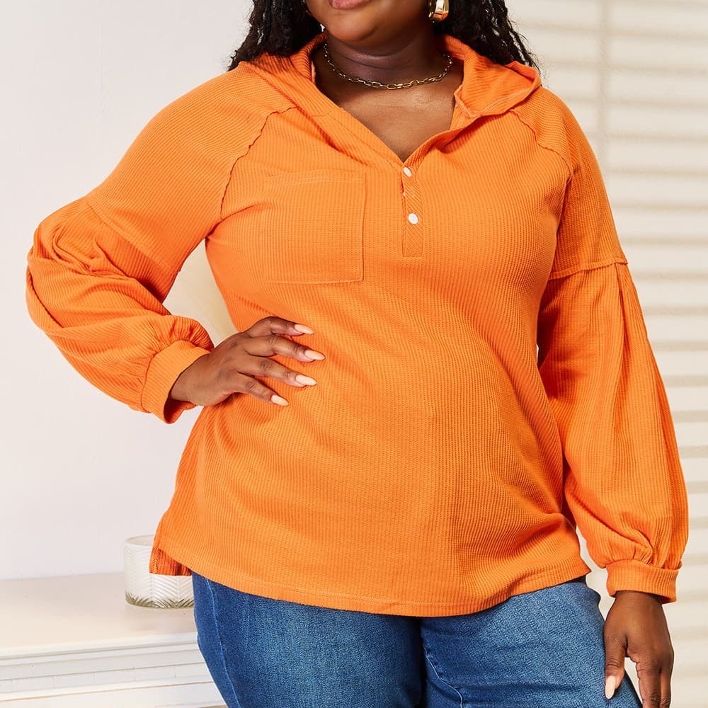 NEW Basic Bae Plus Size Orange Henley Neck Buttoned Waffle Knit Hoodie